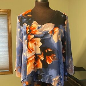 Jennifer Lopez Floral V-Neck Blouse - Blue and Orange